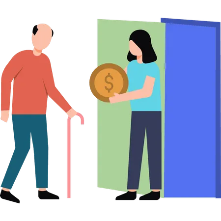 The girl is giving money to the old man for help  Illustration