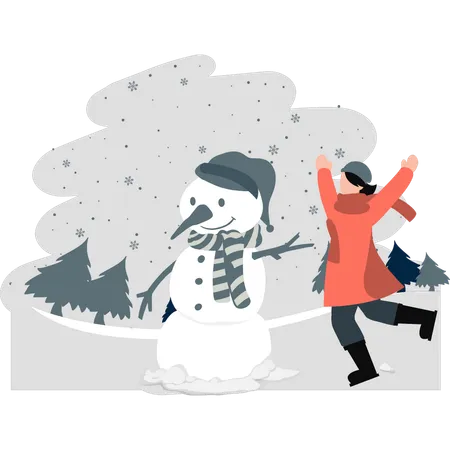 The girl is happy making a snowman  Illustration