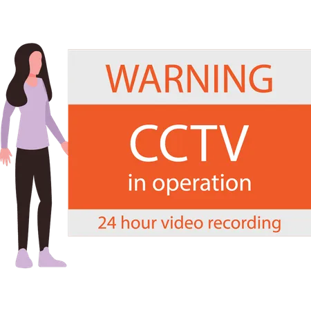 The girl is looking at the CCTV warning  Illustration