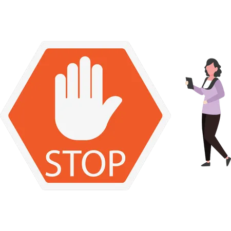 The girl is looking at the stop sign  Illustration