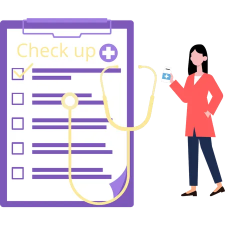 The girl is looking at the medical checklist  Illustration
