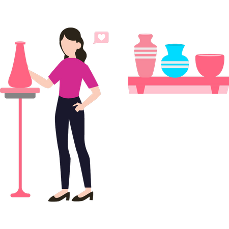 The girl is looking at the vase on the table  Illustration