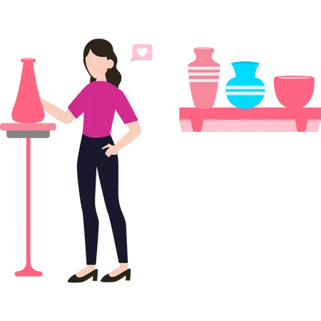 The girl is looking at the vase on the table  Illustration