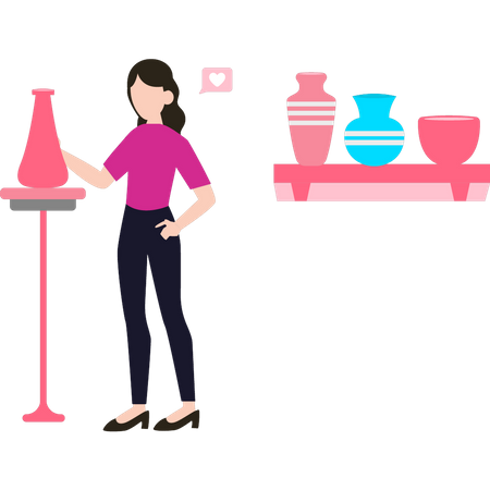 The girl is looking at the vase on the table  일러스트레이션
