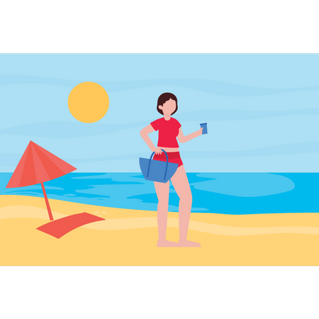 The girl is on the beach for vacation  イラスト