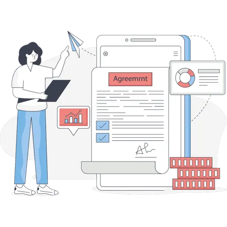 The girl is pointing digital contract  Illustration