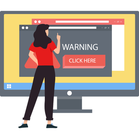 The girl is pointing to warning pop-up on monitor screen.  Illustration