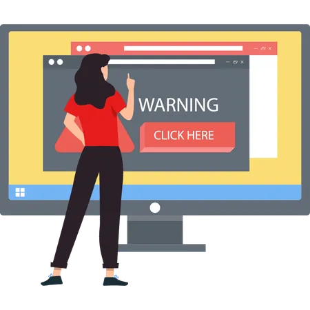 The girl is pointing to warning pop-up on monitor screen.  イラスト