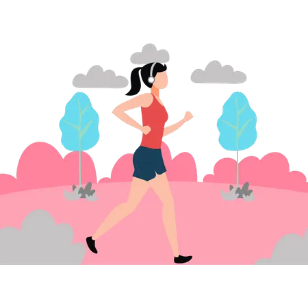 The girl is running wearing headphones  Illustration