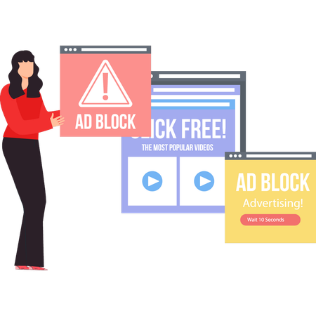 The girl is showing ad block popup.  Illustration