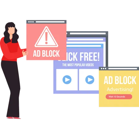 The girl is showing ad block popup.  Illustration