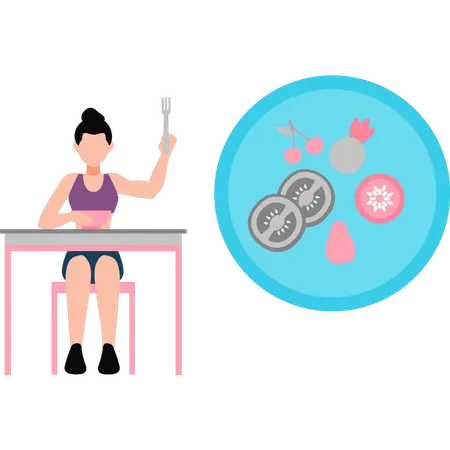 The girl is sitting at the table eating diet food  Illustration