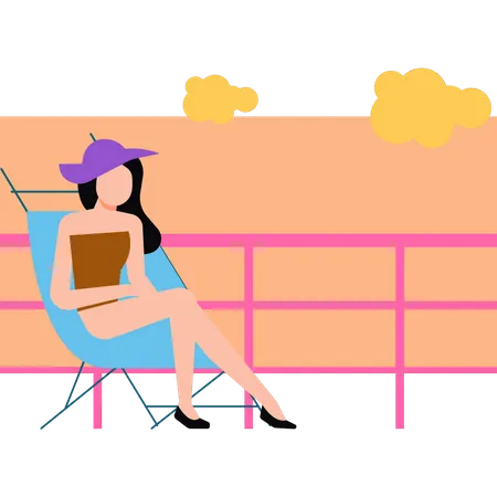 The girl is sitting on a chair during summer vacation  Illustration