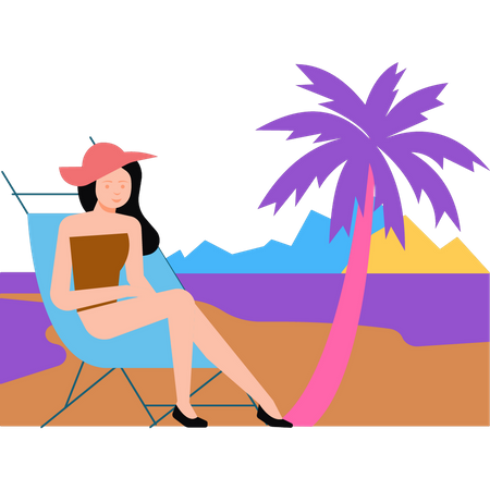 The girl is sitting on a chair on the beach  Illustration
