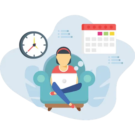 The girl is sitting on couch and checking her appointments  Illustration