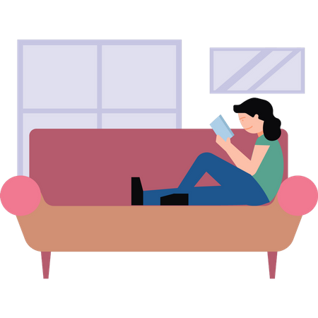 The girl is sitting on the sofa reading a book  Illustration