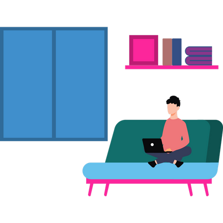 The girl is sitting on the couch using her laptop  Illustration