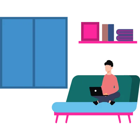 The girl is sitting on the couch using her laptop  イラスト