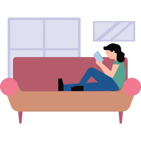 The girl is sitting on the sofa reading a book  Illustration