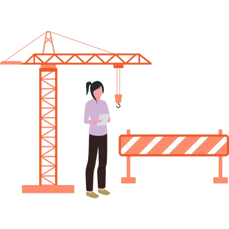 The girl is standing at the construction site  Illustration