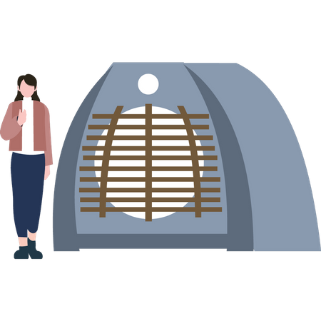 The girl is standing by the fan heater  Illustration