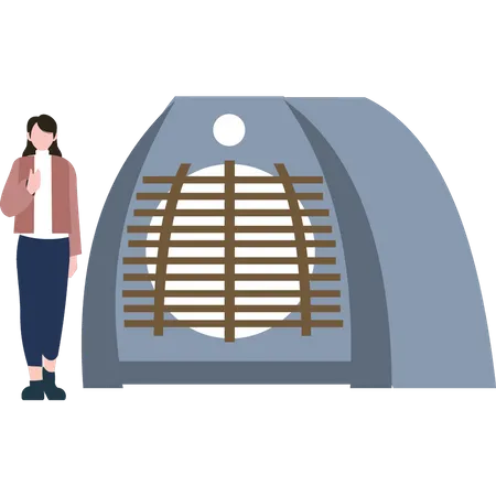The girl is standing by the fan heater  Illustration