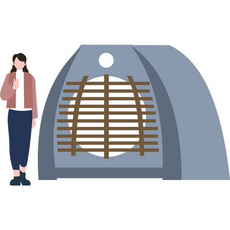 The girl is standing by the fan heater  Illustration