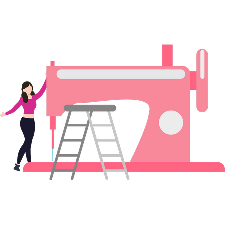 The girl is standing by the sewing machine  Illustration