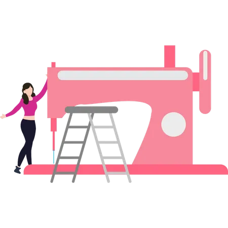 The girl is standing by the sewing machine  Illustration