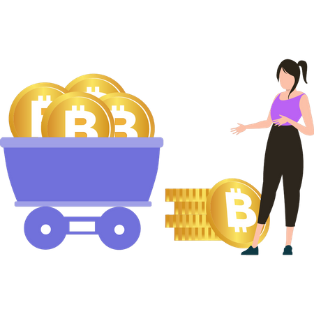 The girl is standing near the bitcoin cart  Illustration