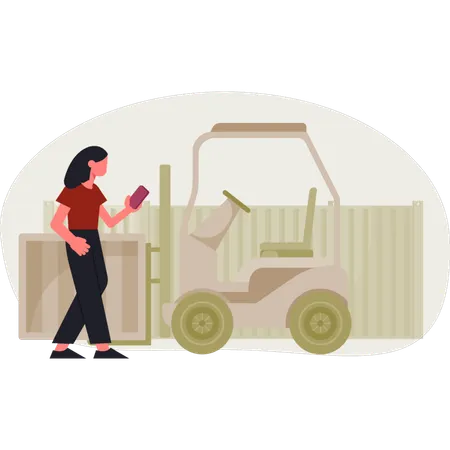 The girl is standing near delivery cart  Illustration