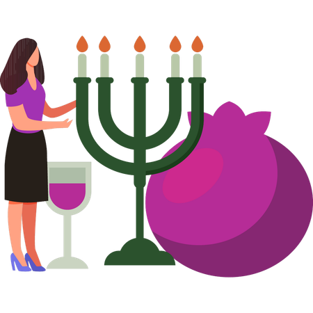 The girl is standing near the hanukkah candles  Illustration