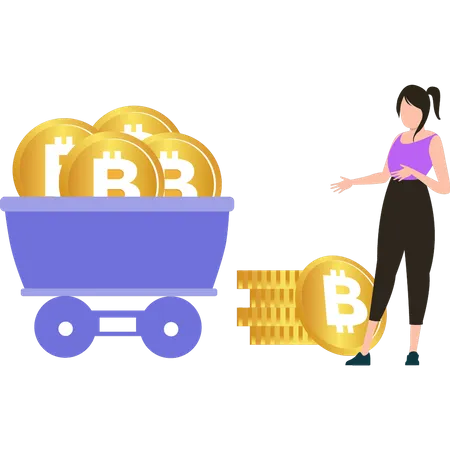 The girl is standing near the bitcoin cart Illustration