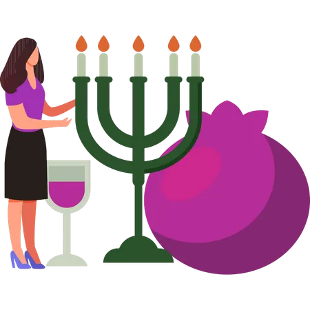 The girl is standing near the hanukkah candles  Illustration