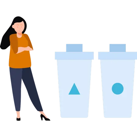 The girl is standing next to the garbage can  Illustration