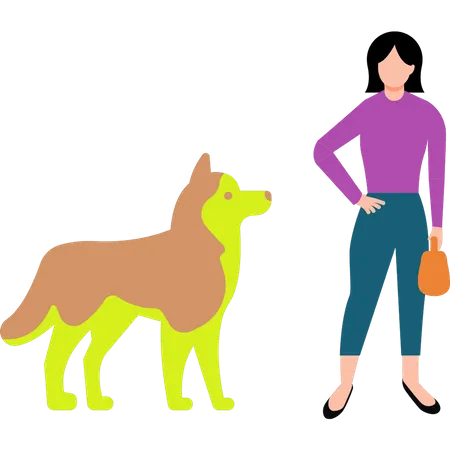 The girl is standing next to the dog  イラスト
