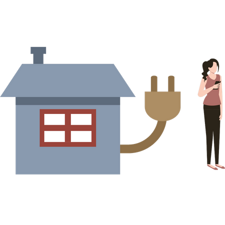 The girl is standing next to the Eco House  Illustration