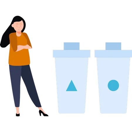 The girl is standing next to the garbage can Illustration