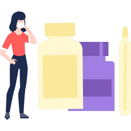The girl is standing next to the medicine  Illustration