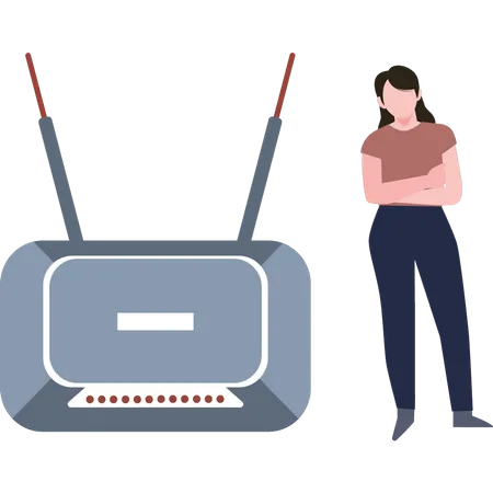 The Girl Is Standing Next To The Router Illustration