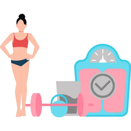 The girl is standing next to the weight machine  Illustration