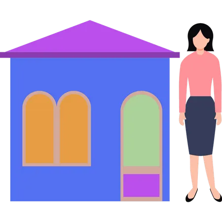 The girl is standing outside the house  Illustration