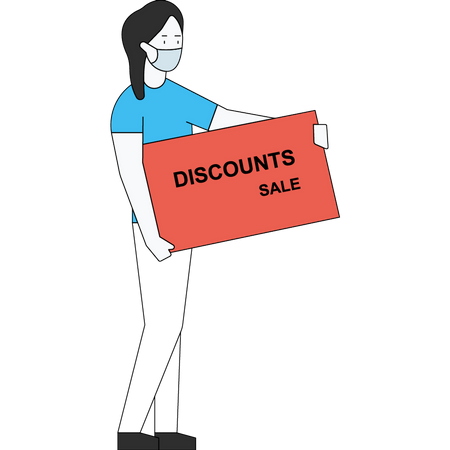 The girl is standing with a discount sale offer in her hand Illustration