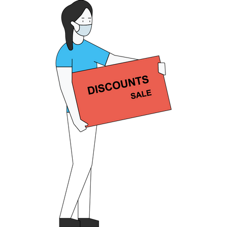 The girl is standing with a discount sale offer in her hand  Illustration