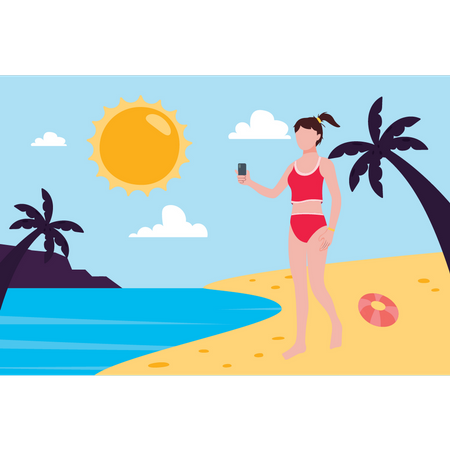 The girl is taking a picture on the beach  Illustration