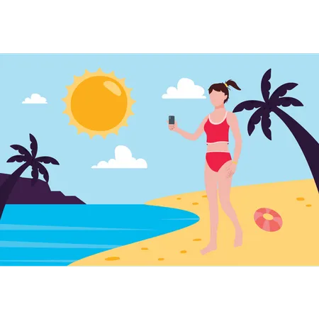 The girl is taking a picture on the beach  Illustration
