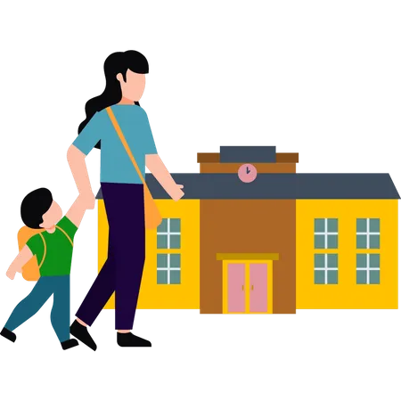 The girl is taking her child to school  Illustration