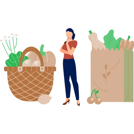 The girl is thinking about grocery shopping  Illustration