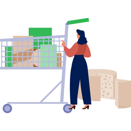 The girl is touching shopping trolley  Illustration