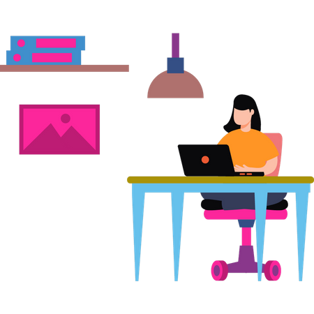 The girl is working at her desk  Illustration